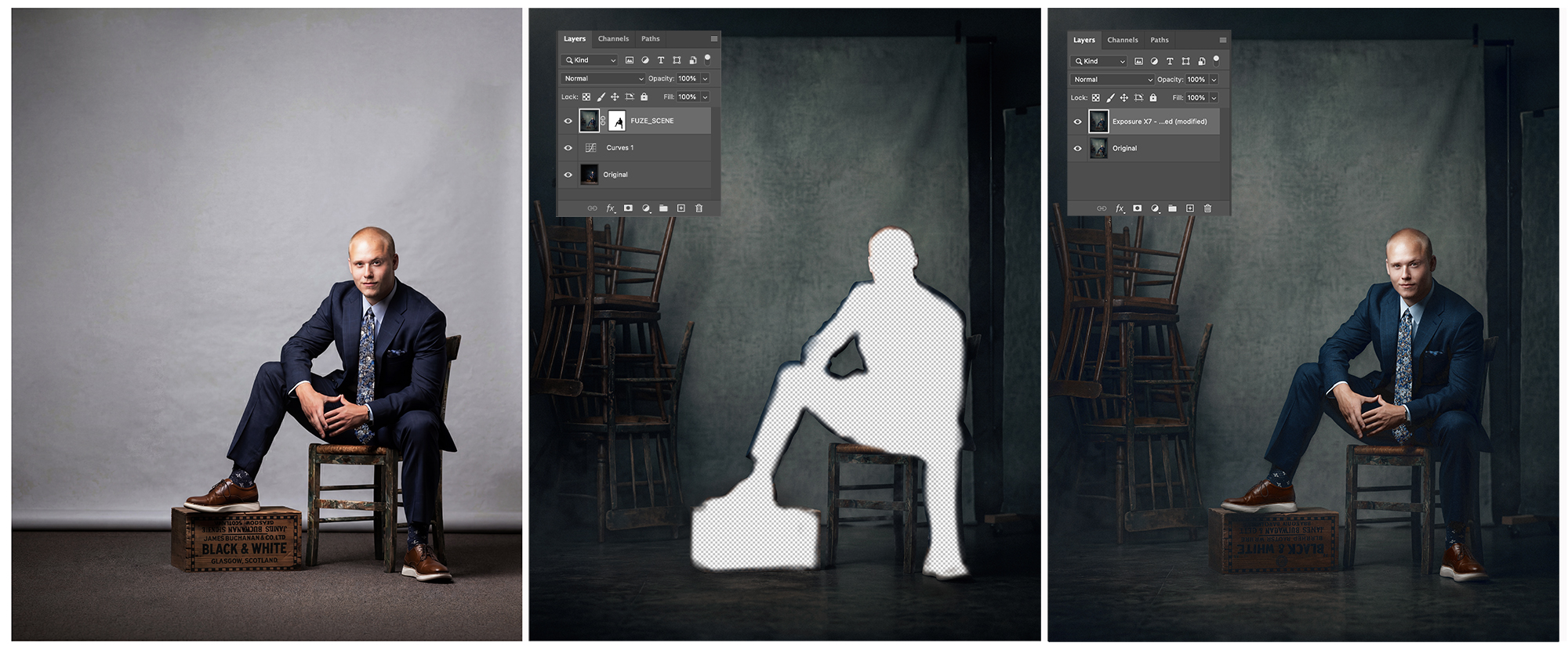 Three-panel FUZE composite walkthrough: original retouched photograph, the FUZE layered PSD with the subject masked back in, and the final polished result.