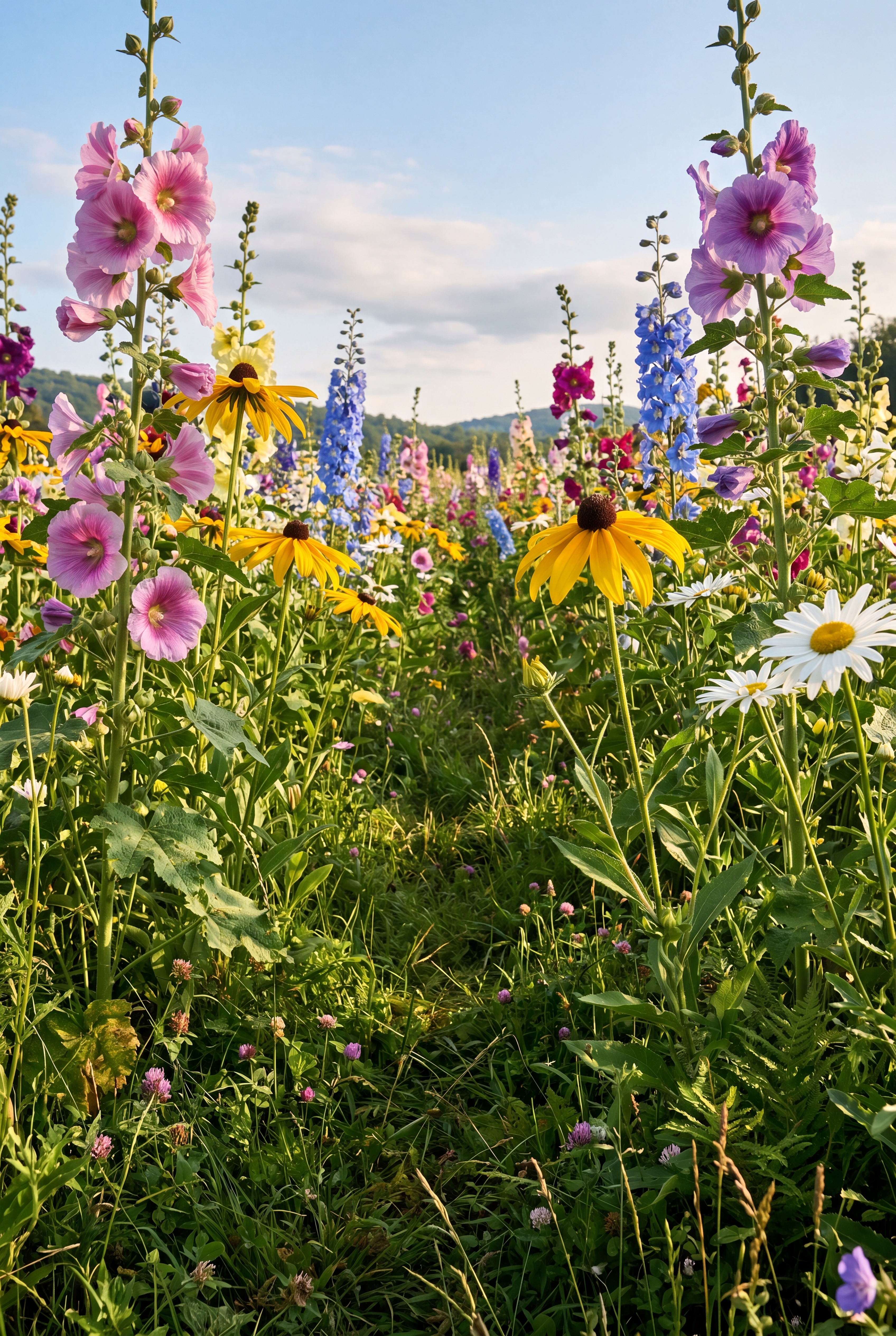 Empty field of oversized flowers — the background plate