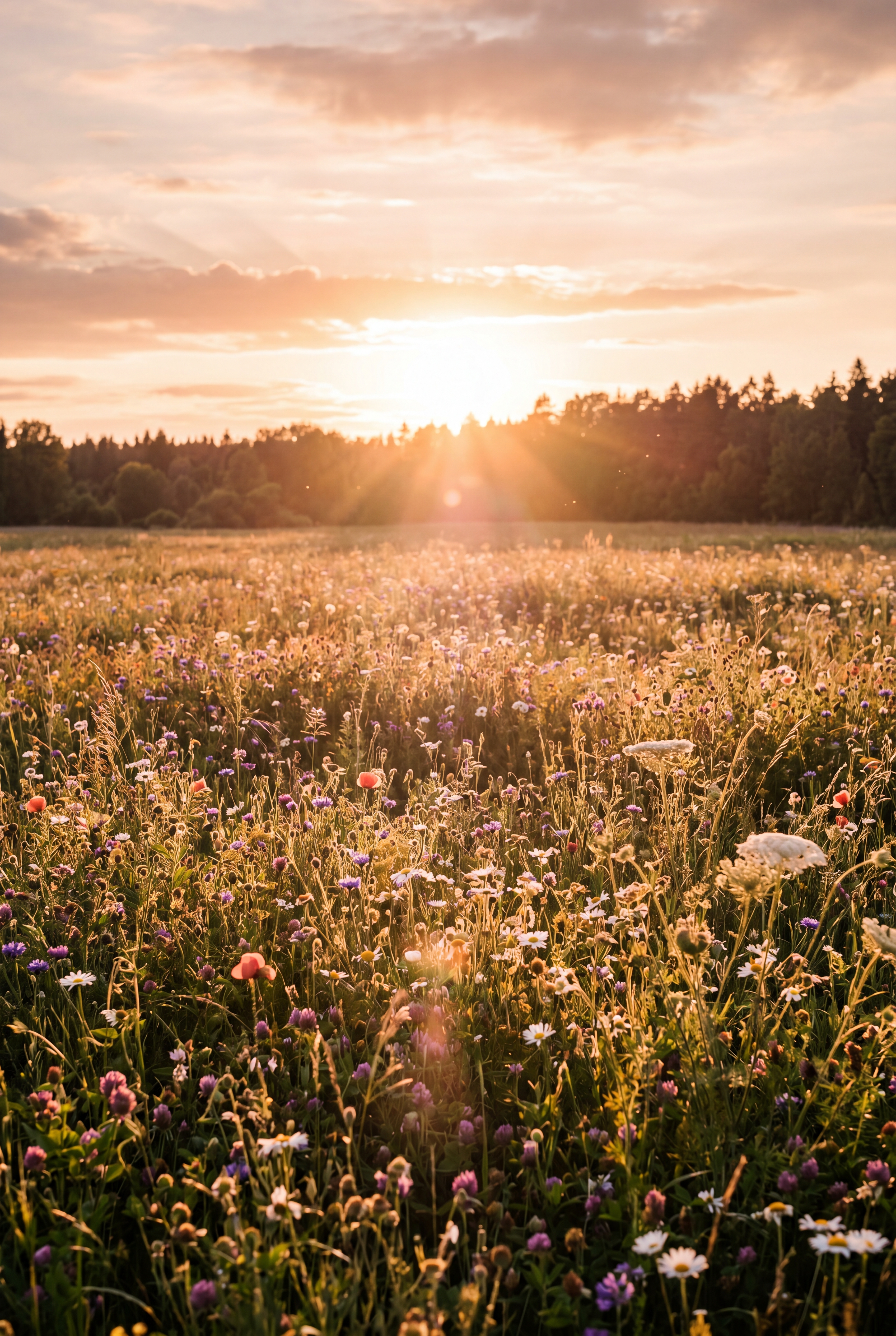 Empty backlit wildflower field — the background plate you upload
