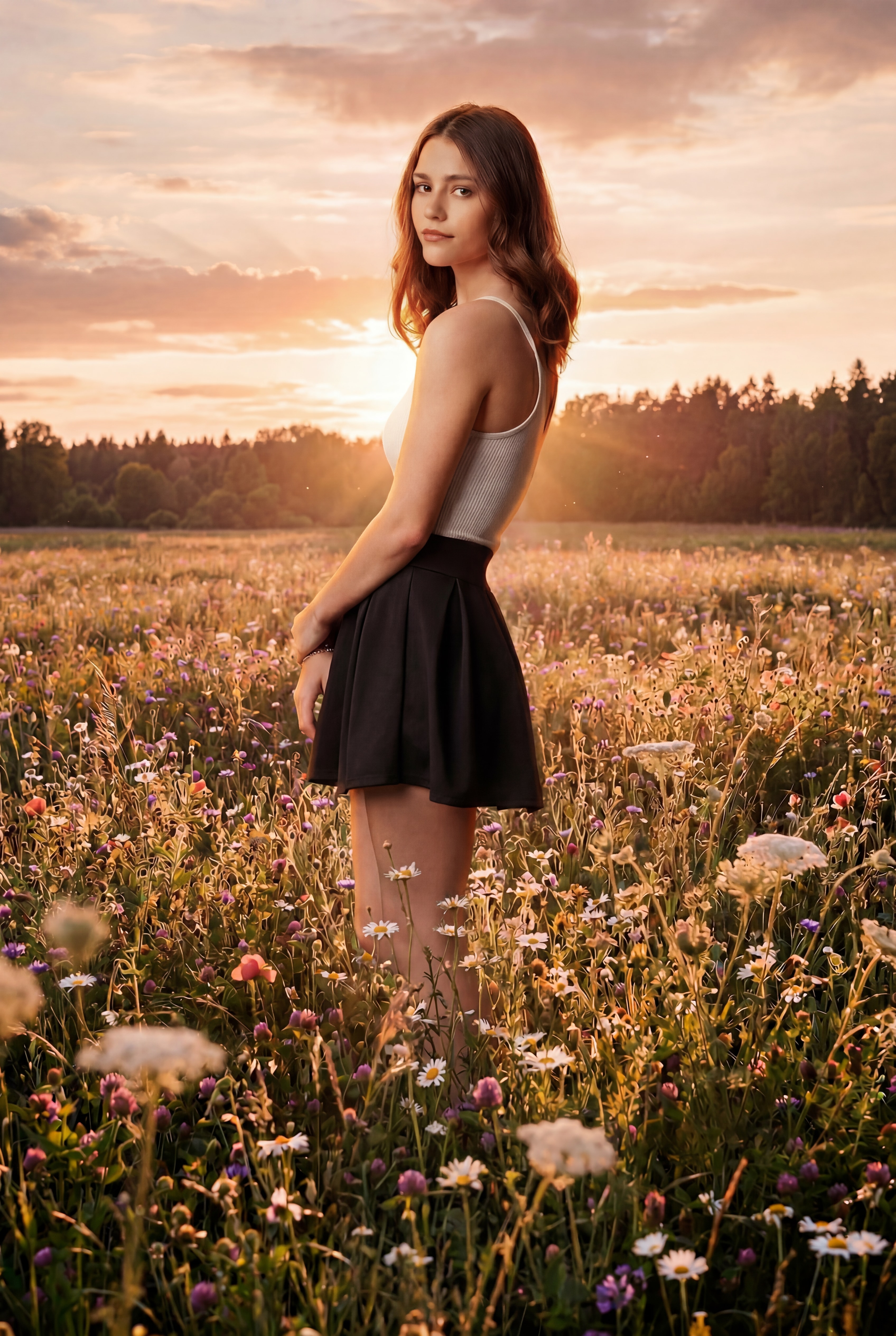 Subject built into the meadow — natural-height flowers, she holds at full size